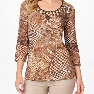 Ruby Red‎ Petite Large Brown Cream Beaded Neckline Top Cotton 3/4 Sleeve PL